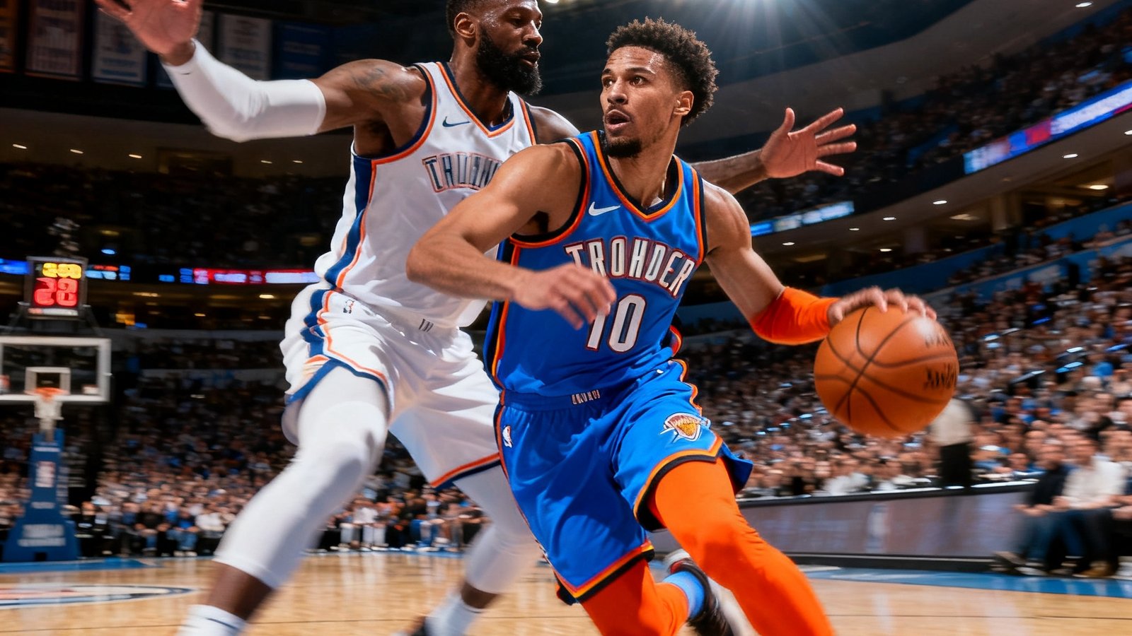 NBA球馆内两名职业篮球运动员激烈对抗的瞬间抓拍，一名穿蓝色球衣的后卫正在变向突破，另一名防守球员张开双臂全力阻击，背景是明亮的球馆灯光和密密麻麻的观众席，比分牌隐约可见。